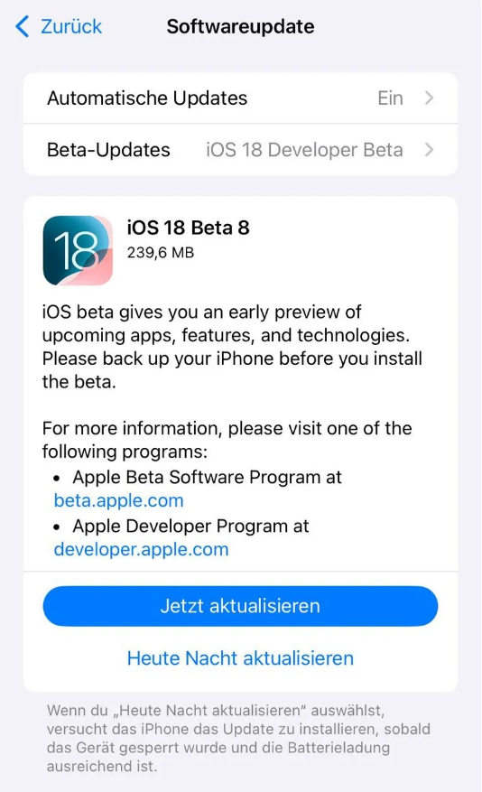 柳林苹果手机维修分享苹果 iOS / iPadOS 18 开发者预览版 Beta 8 发布 